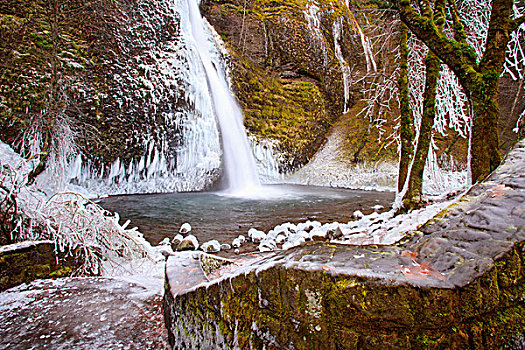 冬天,冰,风暴,拉图来尔瀑布,哥伦比亚河峡谷,俄勒冈,美国