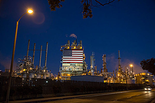 油,精炼厂,展示,巨大,美洲,旗帜,威明顿,加利福尼亚,美国