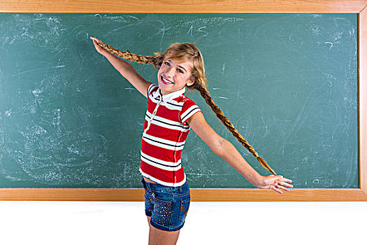 辫子,学生,金发,女孩,玩,绿色,黑板,学校,教室