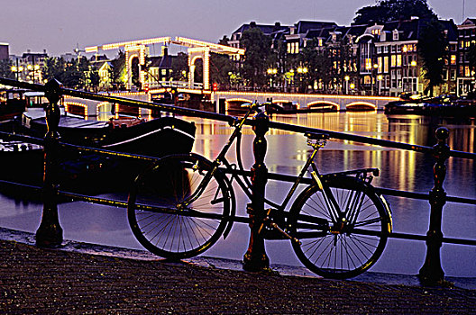 荷兰,阿姆斯特丹,瘦桥,自行车,日落
