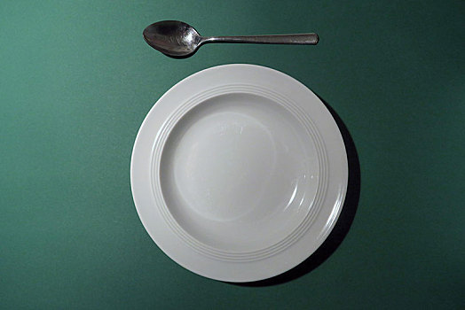 空,白色,盘子,勺子,绿色背景,象征,饥饿,德国,欧洲
