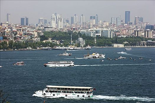 渡轮,船,博斯普鲁斯海峡,正面,加拉达塔,天际线,伊斯坦布尔,土耳其