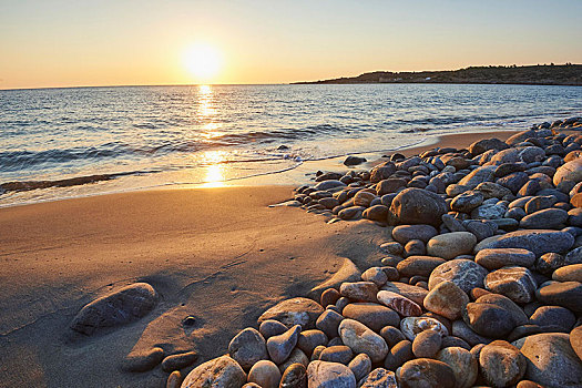 石头,海滩,日落,塞萨利,克里特岛,希腊,欧洲
