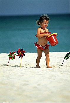 孩子,泳衣,海滩,桶,纸风车