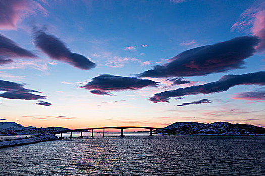 桥,穿过,峡湾,北极,冬季风景,日落,挪威