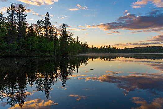 湖,日落,云,反射,北方,芬兰,欧洲