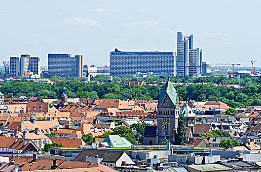 风景,上方,屋顶,慕尼黑,尖顶,教堂,复杂,建筑,背影,巴伐利亚,德国,欧洲