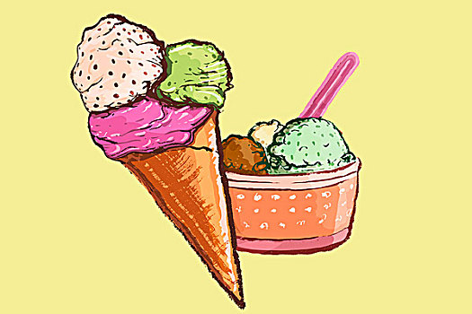 插画,多样,冰淇淋,黄色背景