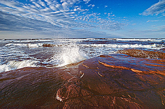 波浪,砂岩,石头,海滩,爱德华王子岛,国家公园,加拿大