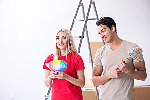 年轻家庭,上油漆,工作,家装
