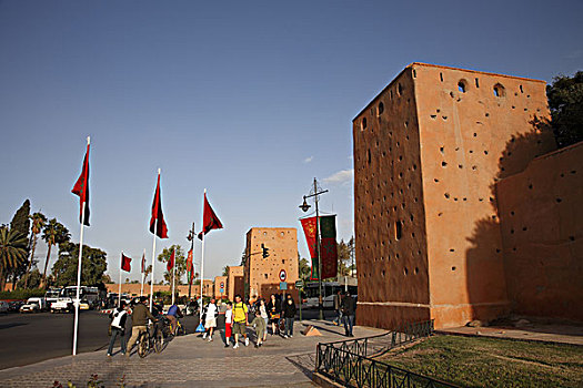 非洲,北非,摩洛哥,玛拉喀什,道路,穆罕默德,城市,壁,老,墙壁,摩洛哥人,旗帜
