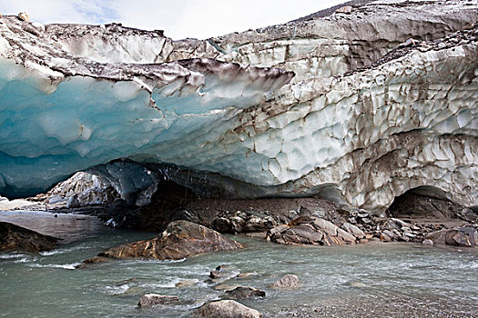 冰,洞穴,冰河,口鼻部,溪流,融化,两个,奥地利,东方,提洛尔