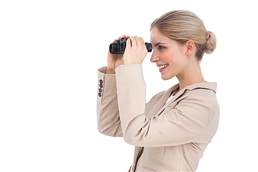 微笑,职业女性,看别处,双筒望远镜,白色背景