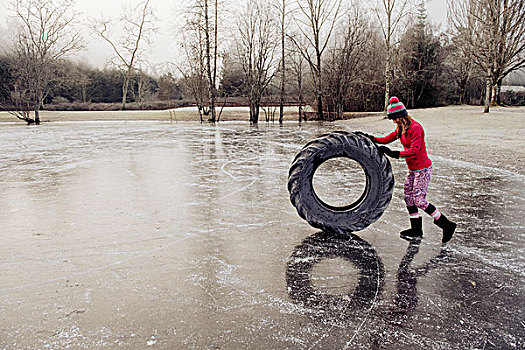 女人,轮胎,冰湖