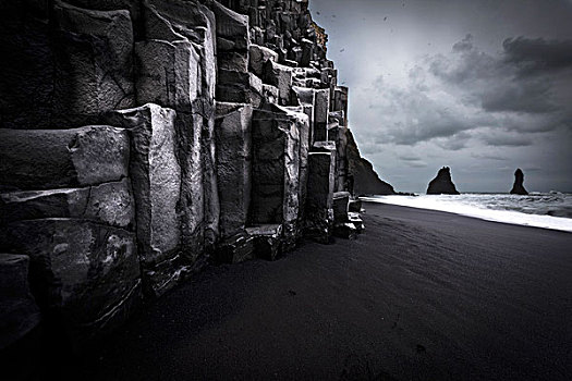 海滩,玄武岩,石头,黑沙,靠近,南方,区域,冰岛,欧洲