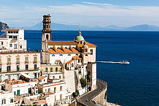 沿岸,道路,弯曲,建筑,圣玛丽亚教堂,向外看,伊特鲁里亚海,阿马尔菲海岸,意大利