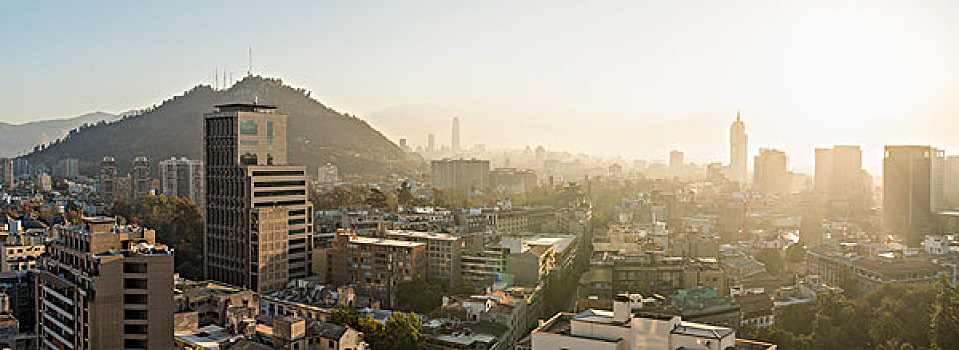航拍,中心,圣地亚哥,城市,黎明,公寓,屋顶,智利