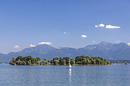 风景,上方,基姆湖,女人岛,齐姆高,阿尔卑斯山,上巴伐利亚,巴伐利亚,德国南部,德国,欧洲