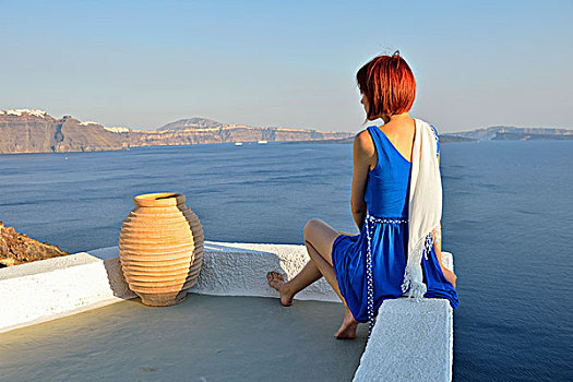 女人,蓝色,衣服,锡拉岛,南,爱琴海,希腊,欧洲