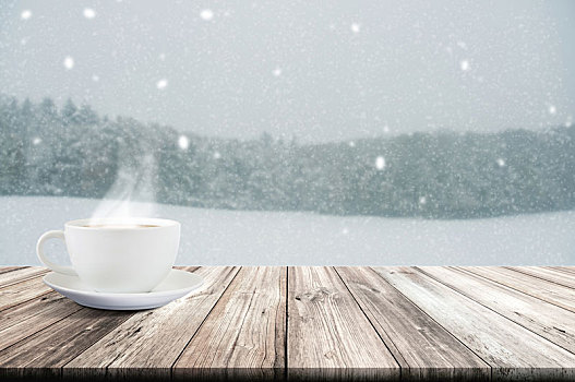 咖啡杯,木桌子,冬天,下雪,遮盖,树林,旧式,彩色,乡村,风格