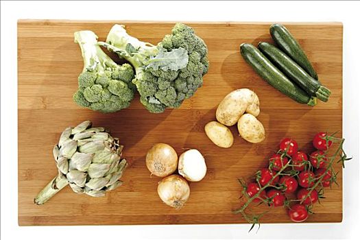 杂蔬,木质,切,洋蓟,花椰菜,夏南瓜,洋葱,豆,西红柿
