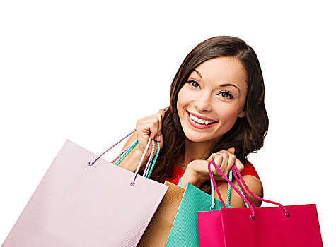 销售,礼物,圣诞节,圣诞,概念,微笑,女人,红裙,购物袋