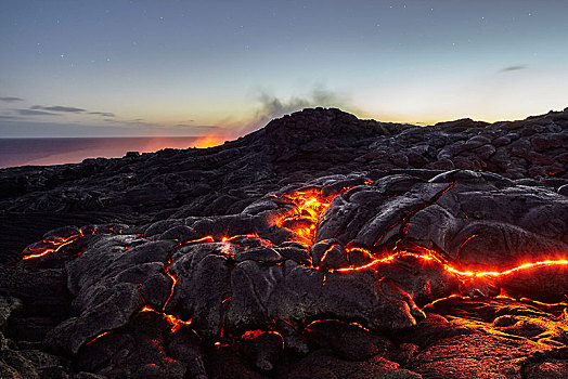 火山,喷发,发光,热,熔岩流,夏威夷火山国家公园,夏威夷,美国,北美