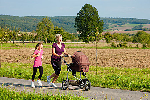 家庭,运动,母女,慢跑,小路,婴儿车,美好,晴天