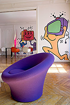 圆,紫色,安乐椅,正面,壁画,墙壁