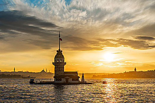 灯塔,塔,日落,岛屿,博斯普鲁斯海峡,伊斯坦布尔,土耳其