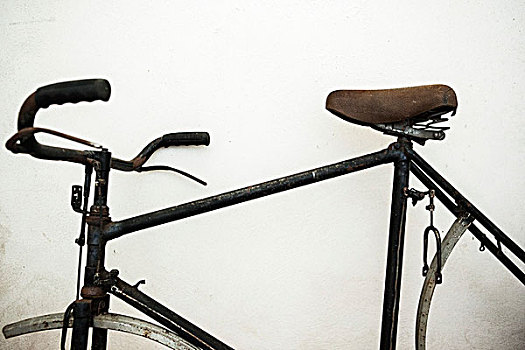 特写,老,自行车,框架,白墙