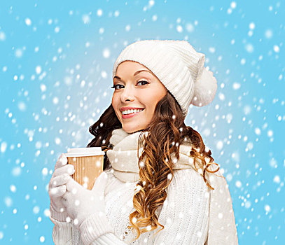 冬天,人,高兴,喝,快餐,概念,女人,帽子,外卖,茶,咖啡杯