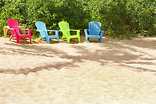 夏威夷,考艾岛,四个,彩色,椅子,休息,沙子