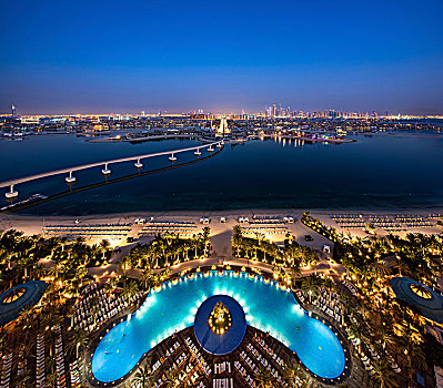 城市,迪拜,阿联酋,黄昏,桥,岛屿,波斯湾,前景