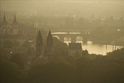 日落,屋顶,旧城,桥,摩泽尔河,教堂,科布伦茨,莱茵兰普法尔茨州,德国