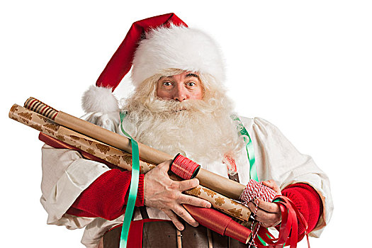 圣诞节,圣诞老人,准备,礼物,包装纸,休假,吃惊,脸,隔绝,白色背景,背景