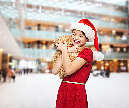 休假,礼物,圣诞节,孩子,人,概念,微笑,女孩,圣诞老人,帽子,泰迪熊,上方,购物中心,背景