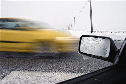 法国,下诺曼底省,两个,汽车,雪,交叉路