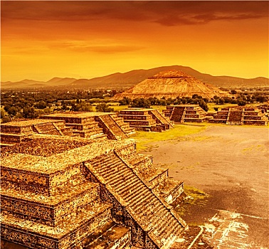金字塔,墨西哥,上方,日落