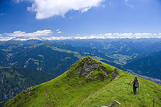 瑞士,格劳宾登,顶峰,女人,风景,背面视角
