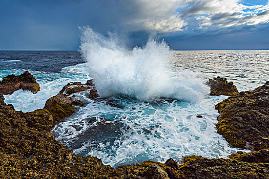 火山岩,岩石海岸,日出,波浪,特内里费岛,加纳利群岛,西班牙