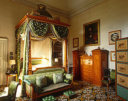 卧室,巨大,球形,床,测量,绿色,丝绸,留白