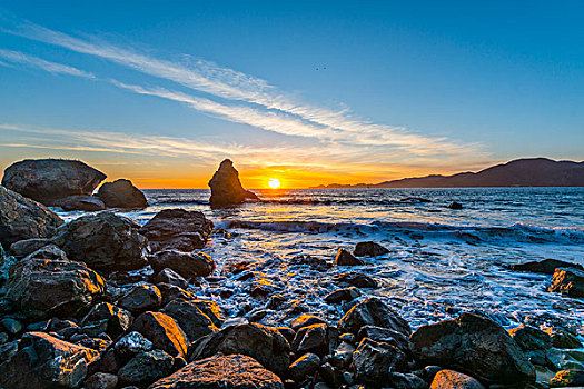 日落,海滩,岩石海岸,旧金山,美国,北美