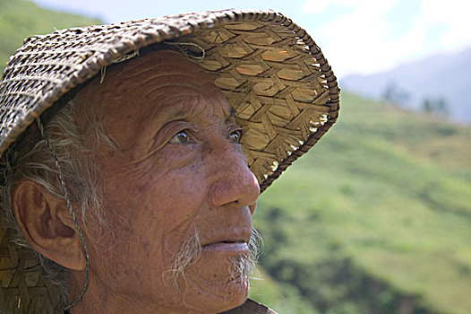 东方,不丹,长江,山谷,头像,老,农民,戴着,竹子,帽子