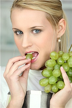 女人,吃,白葡萄