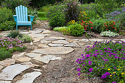 花园,小路,蓝色,椅子,家园,紫色,马鞭草属植物,粉色,伊利诺斯