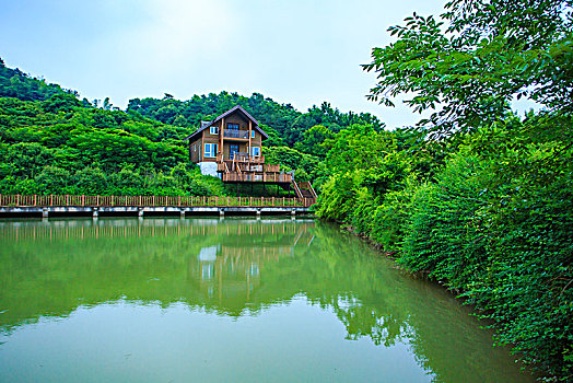 小木屋,水,绿色,山