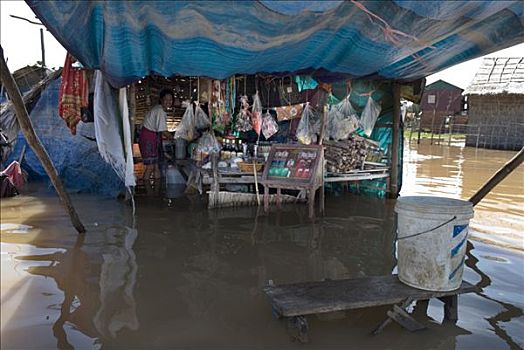 洪水,杂货店,贫民窟,区域,安东,金边,柬埔寨