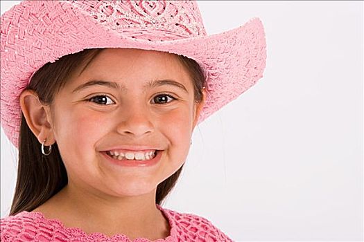 棚拍,肖像,女孩,戴着,粉色,女牛仔,帽子