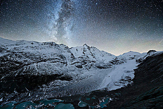 银河,夜晚,星星,阿尔卑斯山,冰河,雪,湖,天空,暗色